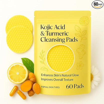 Kojic Acid & Turmeric Cleansing Pads for Face | Brightening, Pigmentation & Tan Removal | Exfoliating Skincare Wipes for Dark Spots, Acne Marks & Glowing Skin - 50 Pads
