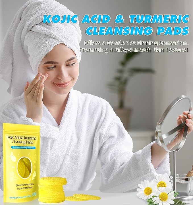Kojic Acid & Turmeric Cleansing Pads for Face | Brightening, Pigmentation & Tan Removal | Exfoliating Skincare Wipes for Dark Spots, Acne Marks & Glowing Skin - 50 Pads