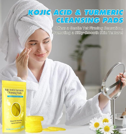 Kojic Acid & Turmeric Cleansing Pads for Face | Brightening, Pigmentation & Tan Removal | Exfoliating Skincare Wipes for Dark Spots, Acne Marks & Glowing Skin - 50 Pads