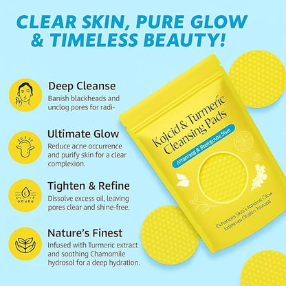 Kojic Acid & Turmeric Cleansing Pads for Face | Brightening, Pigmentation & Tan Removal | Exfoliating Skincare Wipes for Dark Spots, Acne Marks & Glowing Skin - 50 Pads